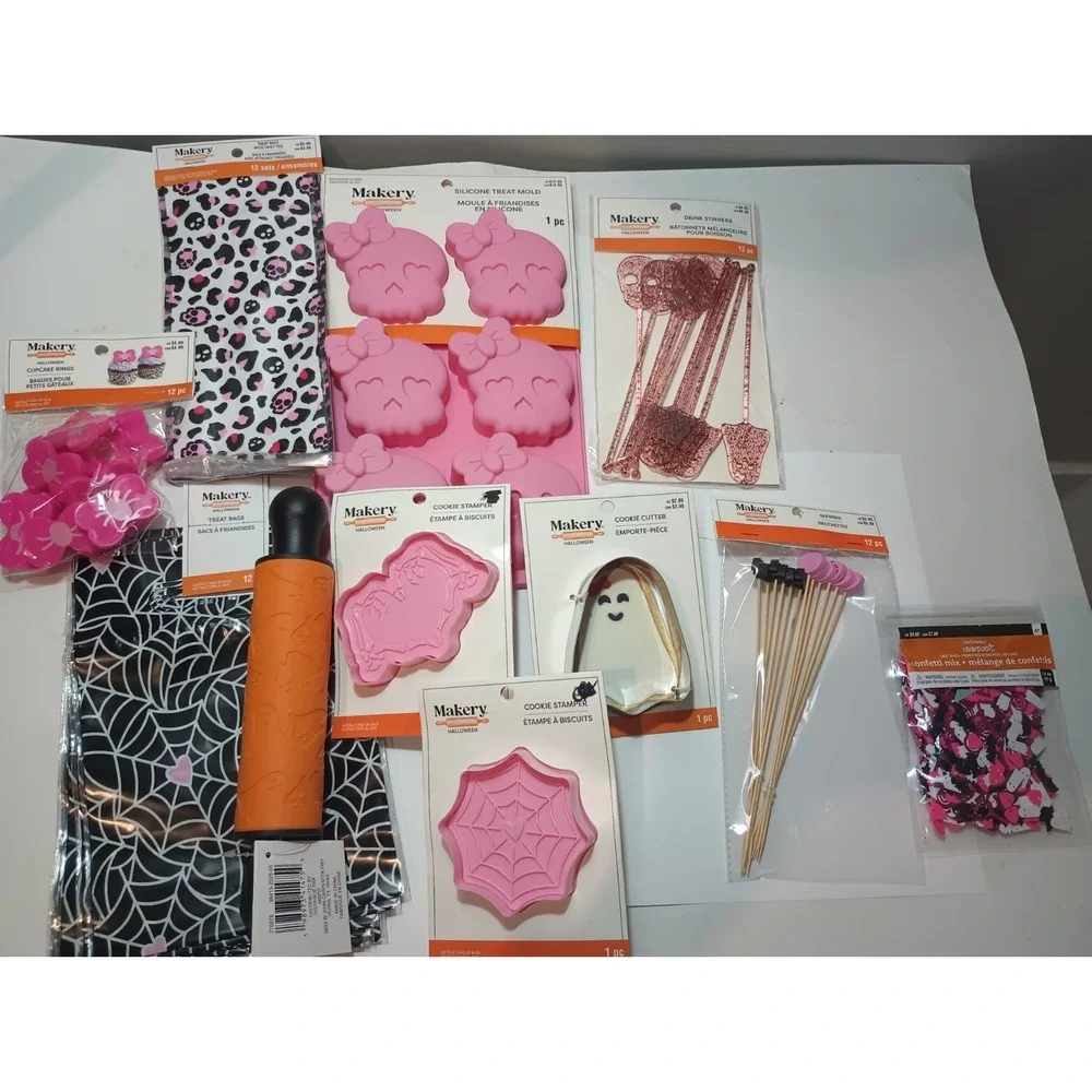 Makery Pink Halloween Baking Party Lot Silicone Mold Cookie Cutter Rolling Pin